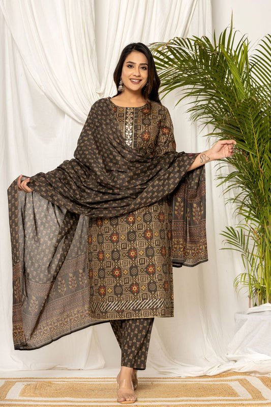 Brown Gotta Patti Work Pure Cotton Straight Kurta Pant with Dupatta