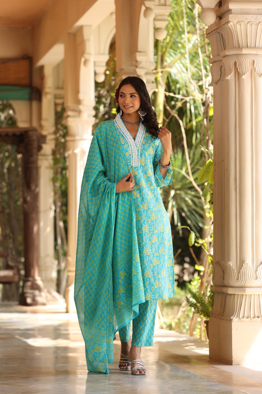 Sea Green Floral Printed Pure Cotton A-line Kurta Pant with Dupatta ...