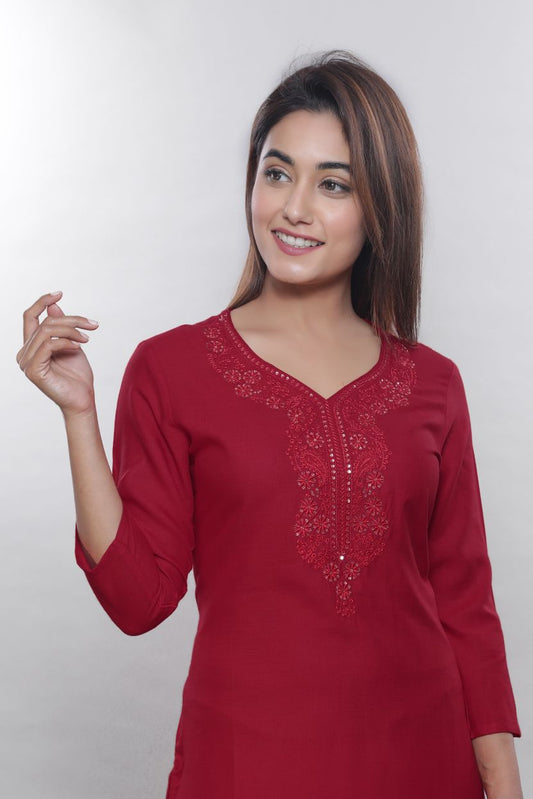 Maroon Embroidered Rayon Straight Kurta