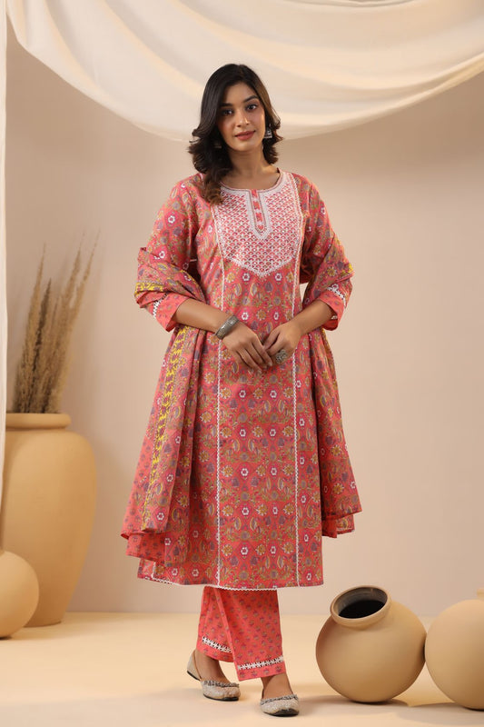 Peach Floral Printed Pure Cotton A-line Kurta Pant with Dupatta