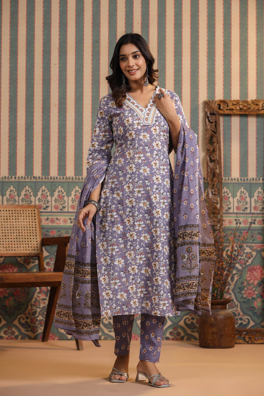 Greyish Purple Floral Printed & Embroidered Pure Cotton Straight Kurta Pant with Dupatta